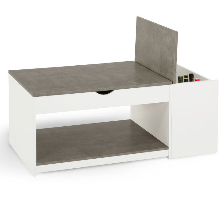 Table basse plateau relevable ELEA avec coffre bois blanc et effet béton