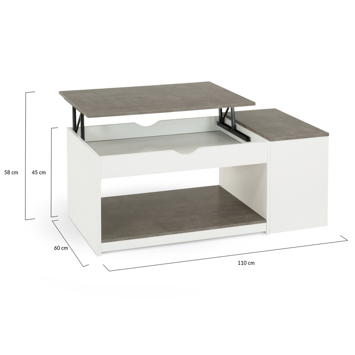 Table basse plateau relevable ELEA avec coffre bois blanc et effet béton