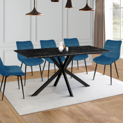 Table à manger rectangle ALIX 8 personnes pied araignée métal noir et plateau effet marbre noir ALASKA  160 cm