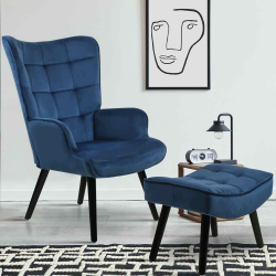 Sillón escandinavo de terciopelo azul con reposapiés - ANIA | ID Market