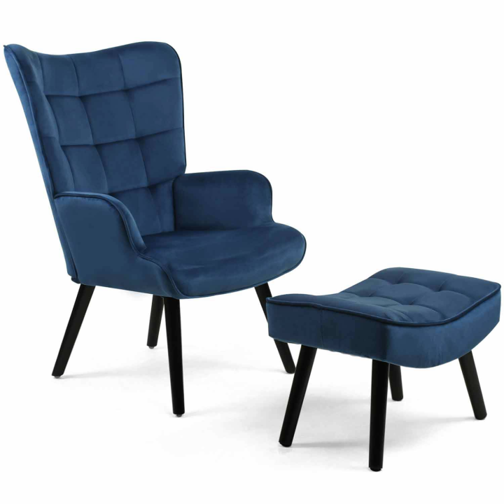 Fauteuil scandinave ANIA avec repose pieds velours bleu