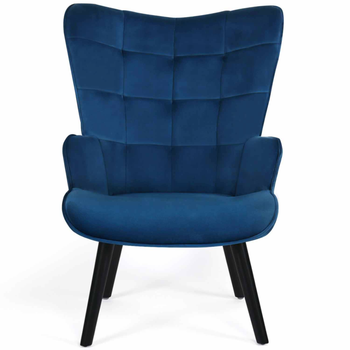 Fauteuil scandinave ANIA avec repose pieds velours bleu