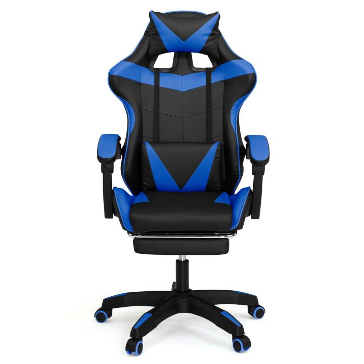 Fauteuil de gaming ALEX réglable avec repose-pied, coussin de tête et coussin lombaire noir et bleu