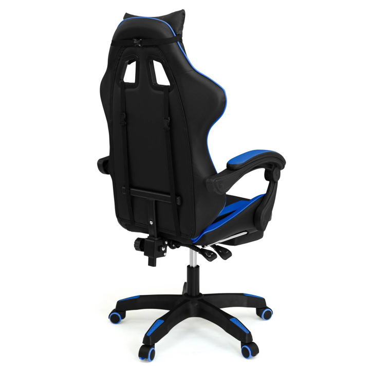 Fauteuil de gaming ALEX réglable avec repose-pied, coussin de tête et coussin lombaire noir et bleu