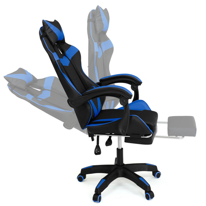 Fauteuil de gaming ALEX réglable avec repose-pied, coussin de tête et coussin lombaire noir et bleu