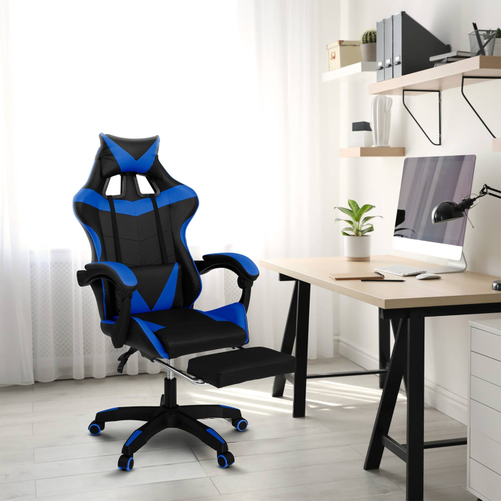 Fauteuil de gaming ALEX réglable avec repose-pied, coussin de tête et coussin lombaire noir et bleu