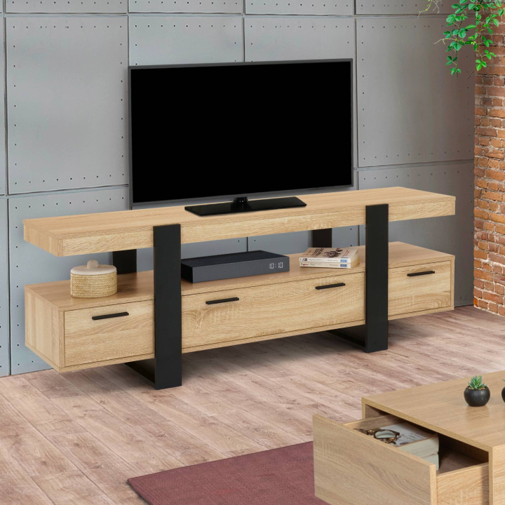 Soporte de TV negro y madera 140 cm 3 cajones - PHOENIX | ID Market