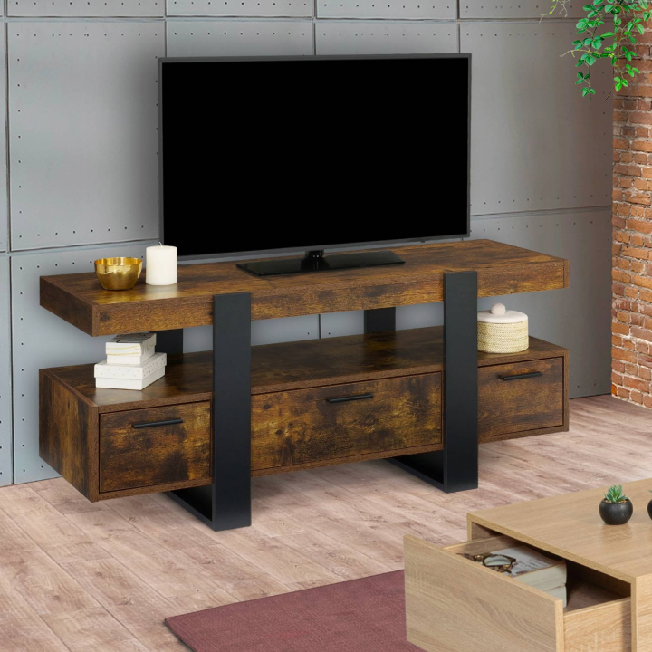 Meuble TV 116 cm PHOENIX avec tiroirs bois effet vieilli et noir