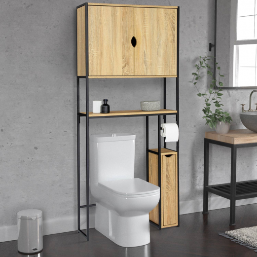 Meuble WC étagère WILLY bois 3 portes coloris hêtre gain de place pour  toilettes