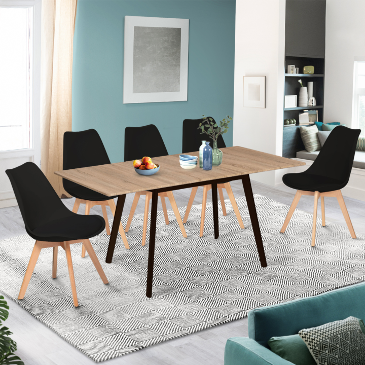 Table scandinave extensible rectangle INGA 4-6 personnes plateau bois pieds noirs 120-160 cm