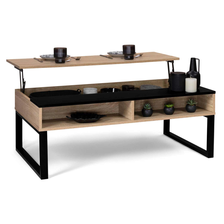 Table basse plateau relevable JERSEY bande noire avec rangements design industriel