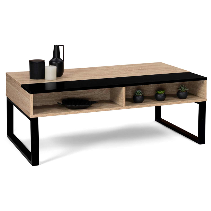 Table basse plateau relevable JERSEY bande noire avec rangements design industriel