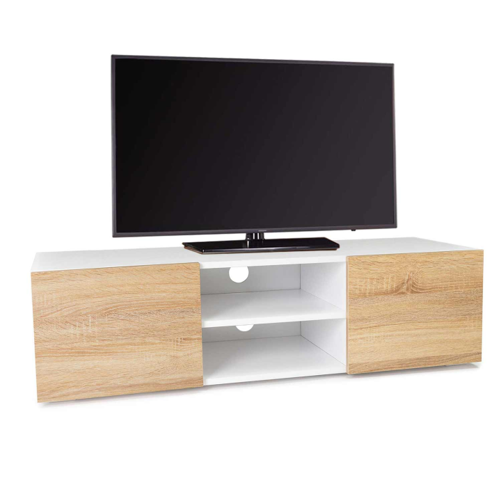 Meuble TV 113 cm ELI blanc portes façon hêtre