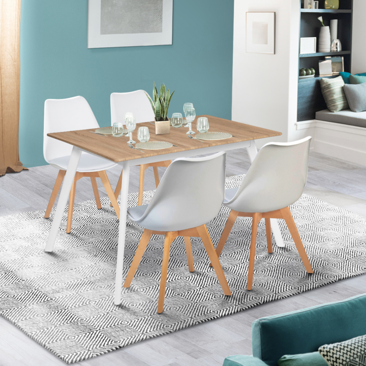 Table scandinave extensible rectangle INGA 4-6 personnes plateau bois pieds blancs 120-160 cm