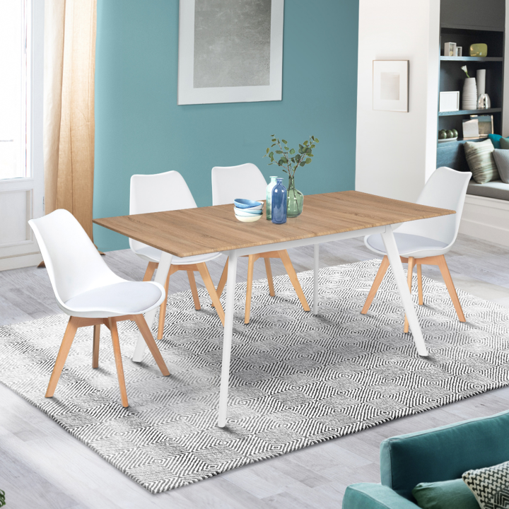 Table scandinave extensible rectangle INGA 4-6 personnes plateau bois pieds blancs 120-160 cm