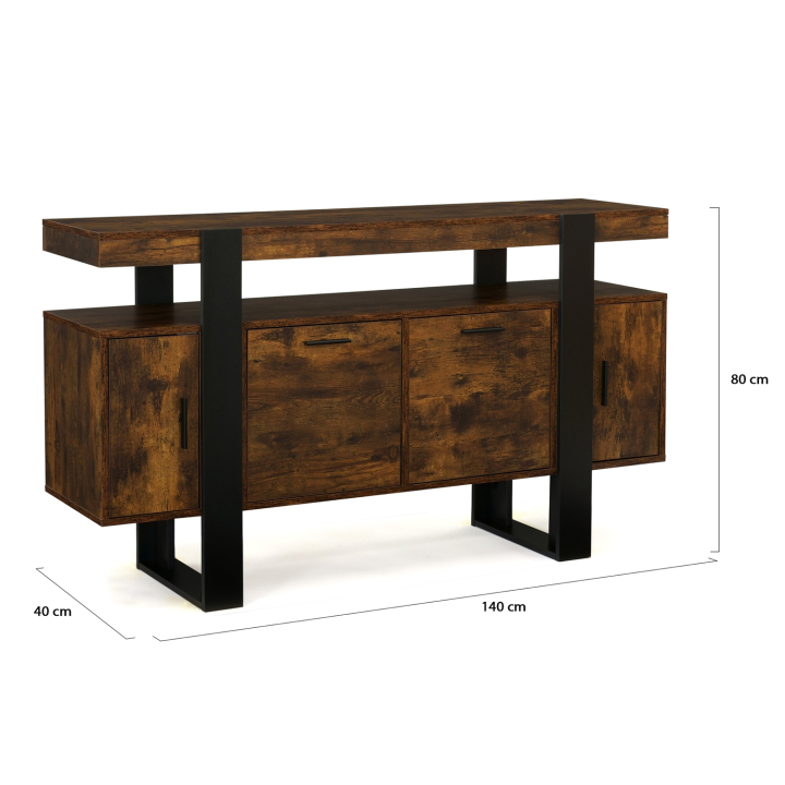 Buffet 140 cm PHOENIX 4 portes bois effet vieilli et noir