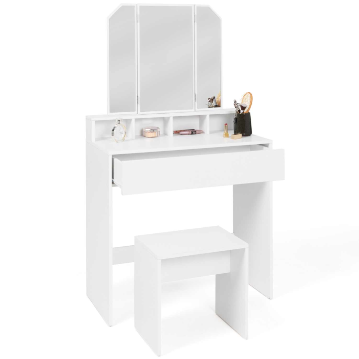 Coiffeuse ZELIA 3 miroirs avec 4 niches, 1 tiroir et tabouret