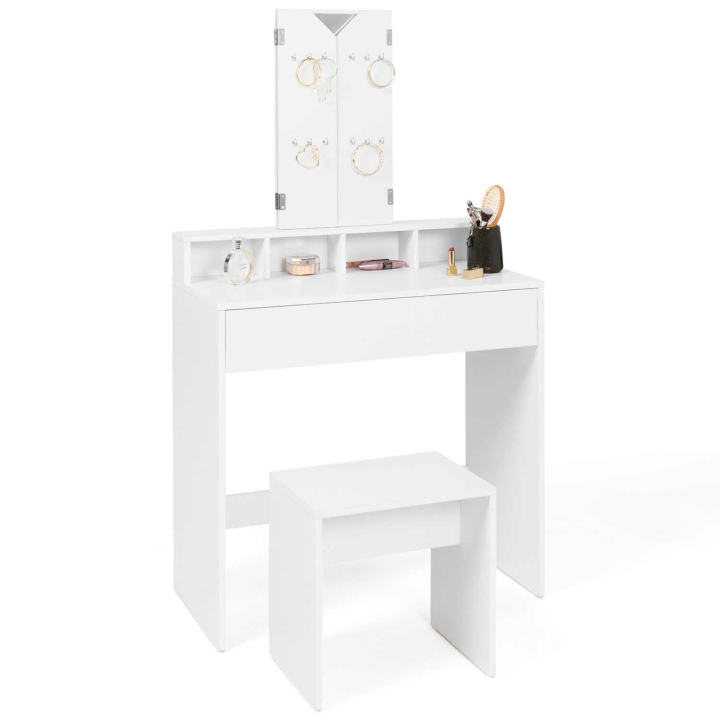 Coiffeuse ZELIA 3 miroirs avec 4 niches, 1 tiroir et tabouret