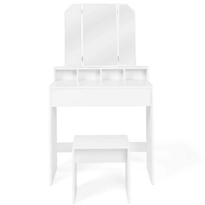 Coiffeuse ZELIA 3 miroirs avec 4 niches, 1 tiroir et tabouret