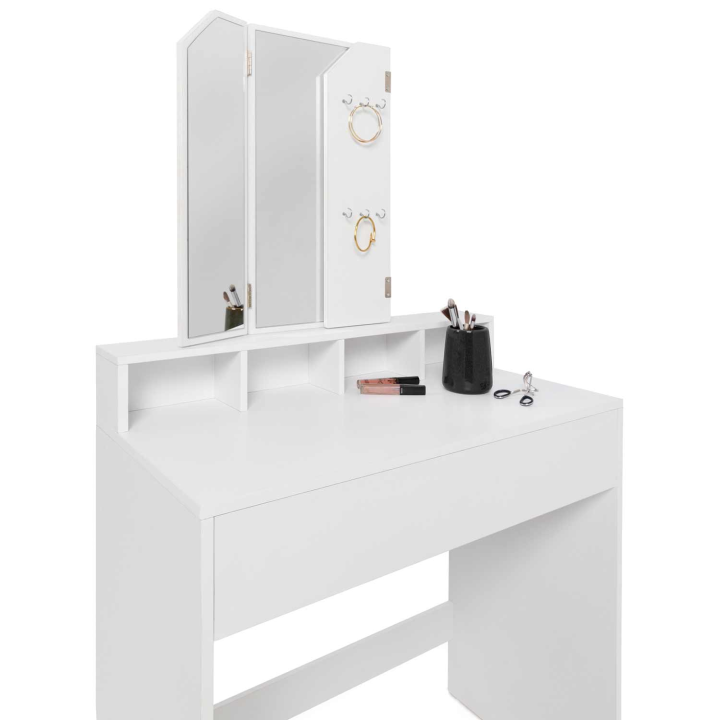 Coiffeuse ZELIA 3 miroirs avec 4 niches, 1 tiroir et tabouret