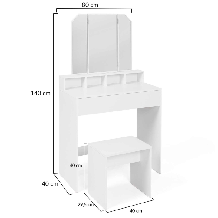 Coiffeuse ZELIA 3 miroirs avec 4 niches, 1 tiroir et tabouret