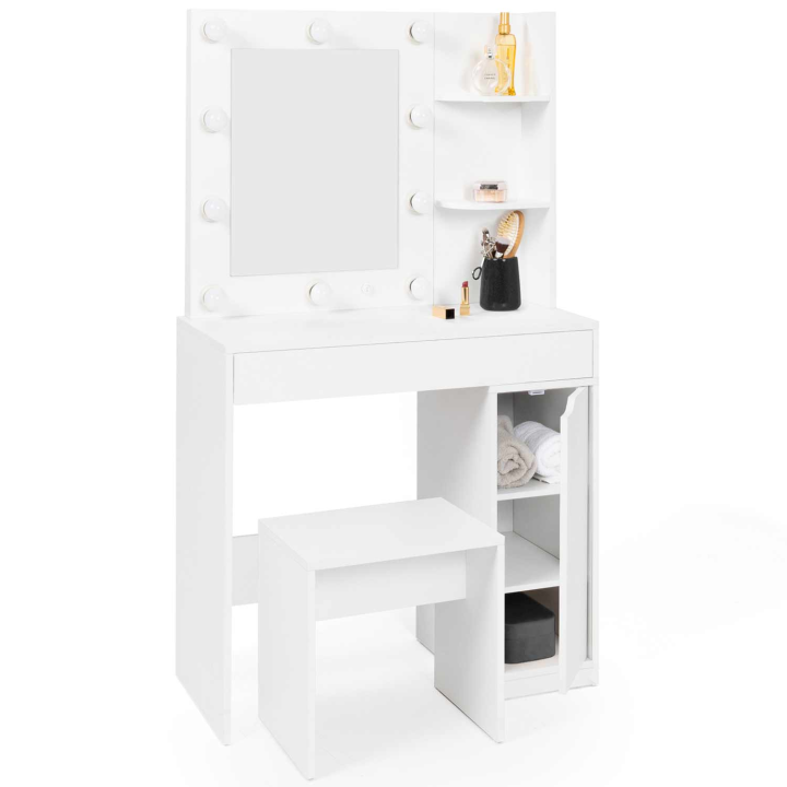 Coiffeuse ZELIA miroir LED avec 1 tiroir, étagères, caisson de rangement et tabouret