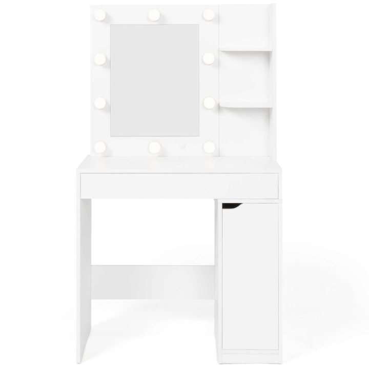 Coiffeuse ZELIA miroir LED avec 1 tiroir, étagères, caisson de rangement et tabouret