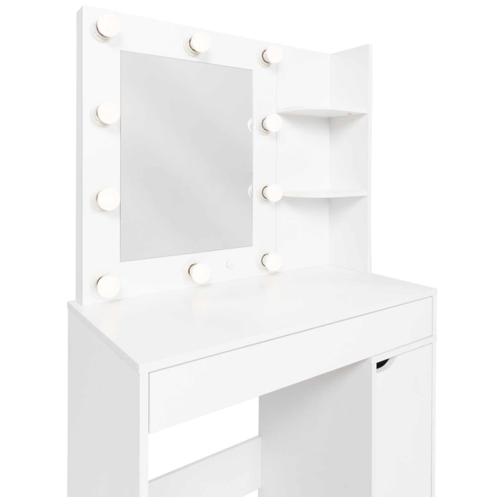 Coiffeuse ZELIA miroir LED avec 1 tiroir, étagères, caisson de rangement et tabouret