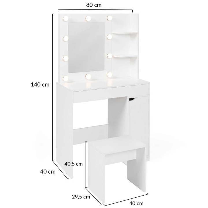 Coiffeuse ZELIA miroir LED avec 1 tiroir, étagères, caisson de rangement et tabouret