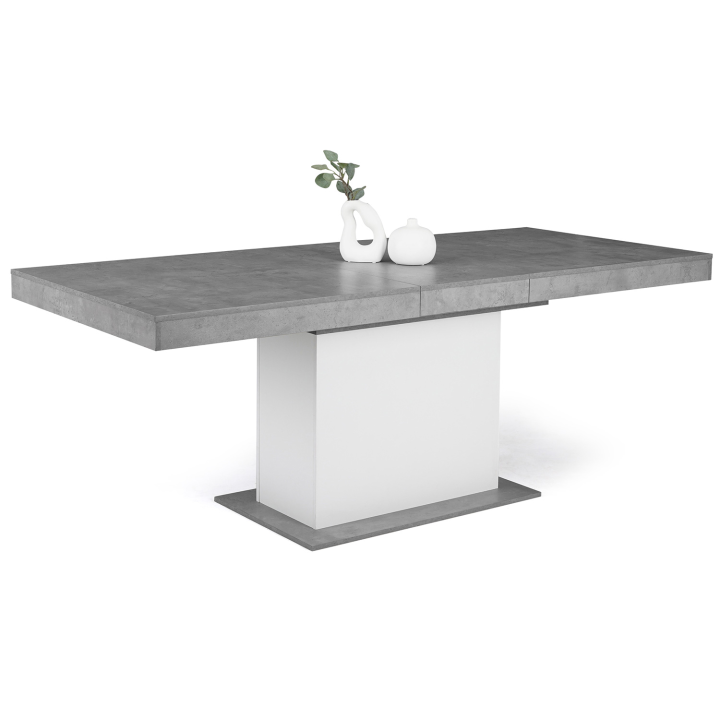 Table à manger extensible rectangle EDEN 6-10 personnes béton et blanc 160-200 cm