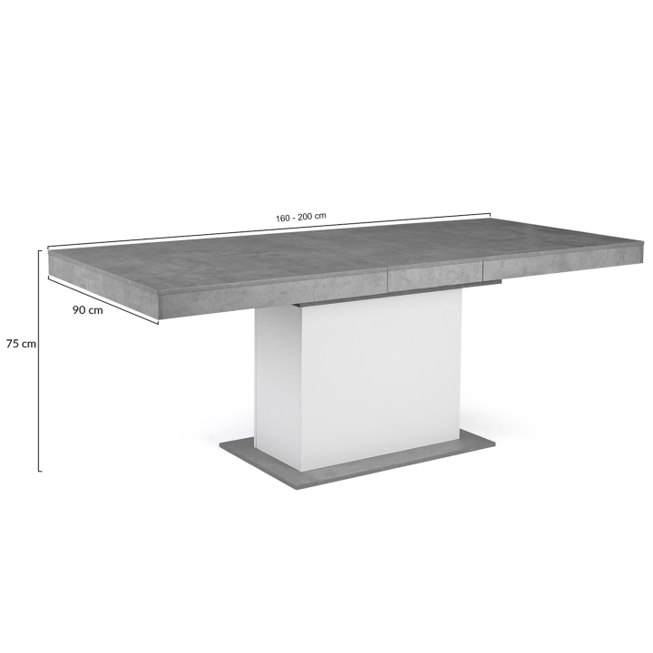 Table à manger extensible rectangle EDEN 6-10 personnes béton et blanc 160-200 cm