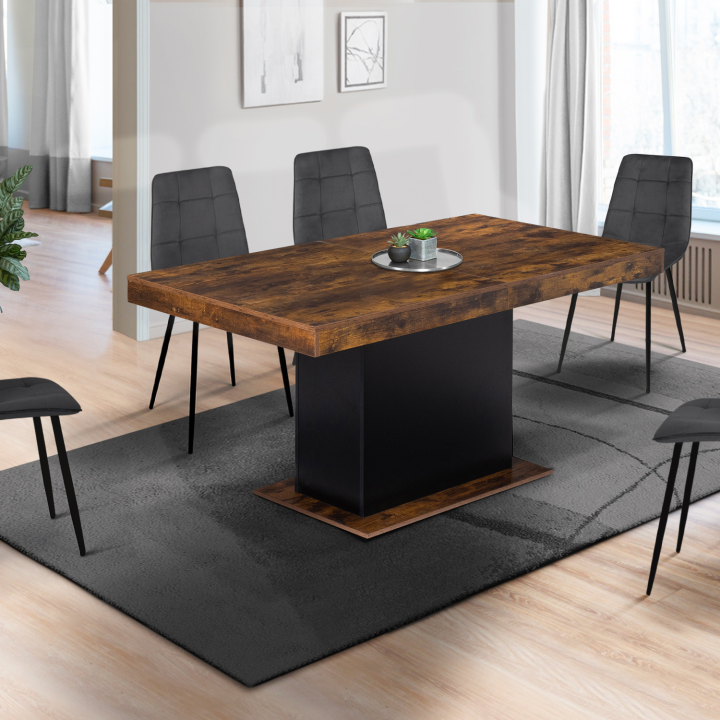 Table à manger extensible rectangle EDEN 6-10 personnes bois effet vieilli et noir 160-200 cm