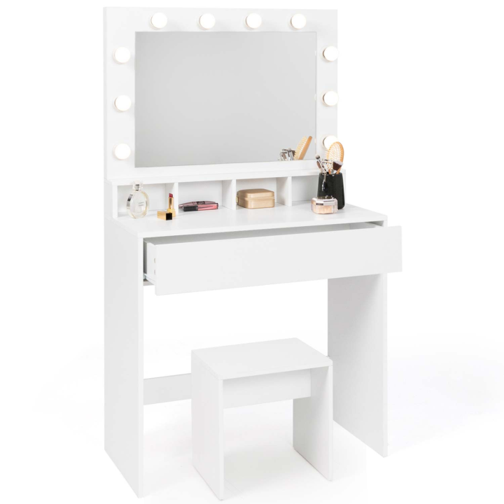 Coiffeuse ZELIA miroir LED avec 4 niches, 1 tiroir et tabouret