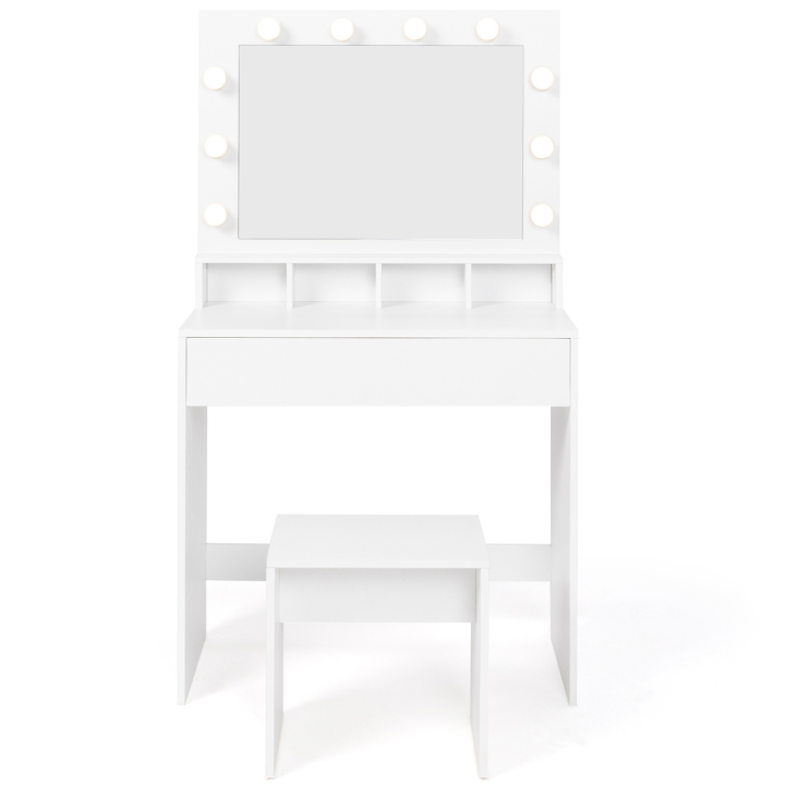 Coiffeuse ZELIA miroir LED avec 4 niches, 1 tiroir et tabouret