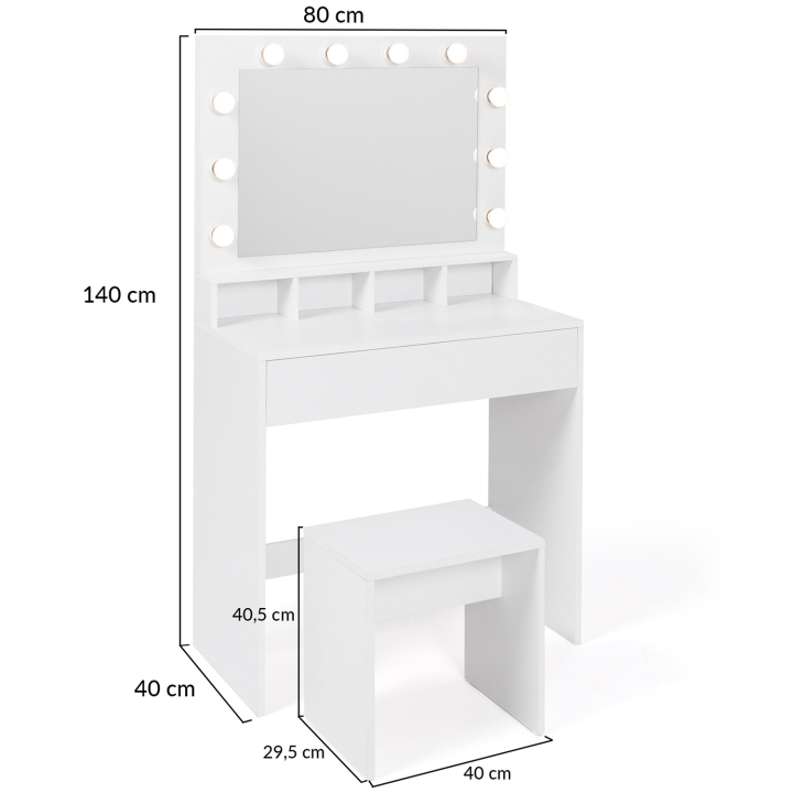 Coiffeuse ZELIA miroir LED avec 4 niches, 1 tiroir et tabouret