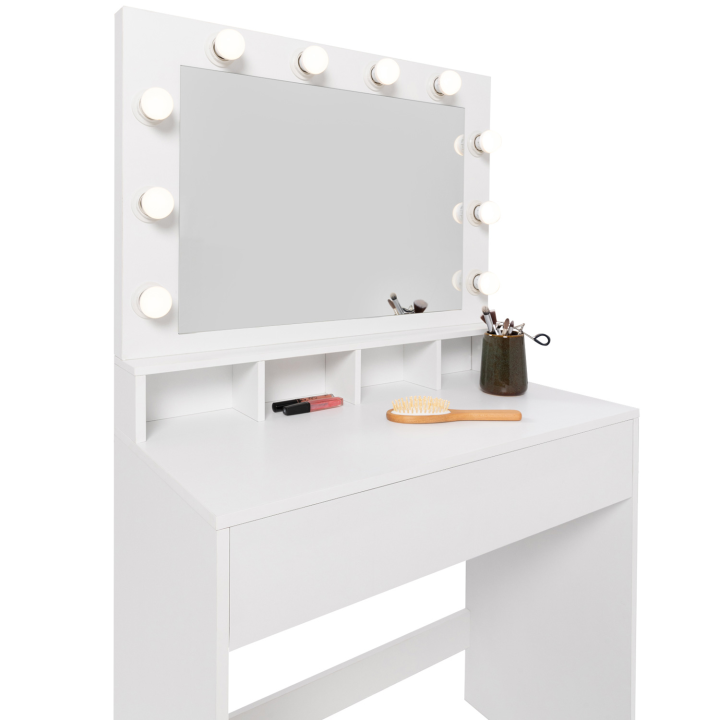 Coiffeuse ZELIA miroir LED avec 4 niches, 1 tiroir et tabouret