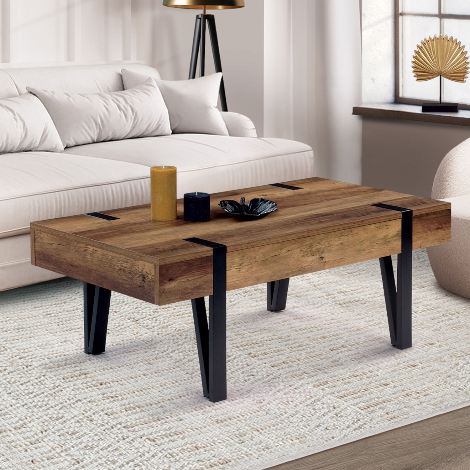IDMARKET Ensemble meubles de salon buffet, table basse relevable et meuble  TV DETROIT design industriel - Cdiscount Maison