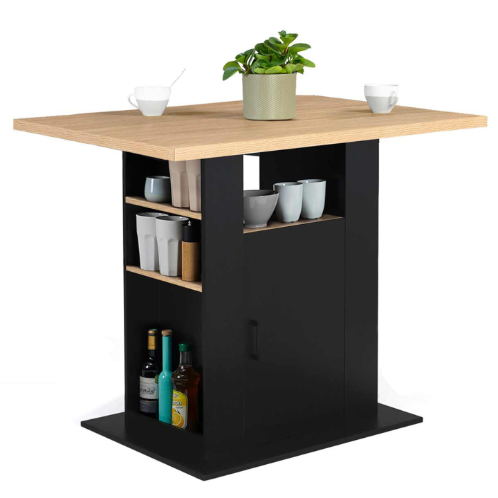 Ilot central UGO 110 cm bois noir et imitation hêtre avec rangements