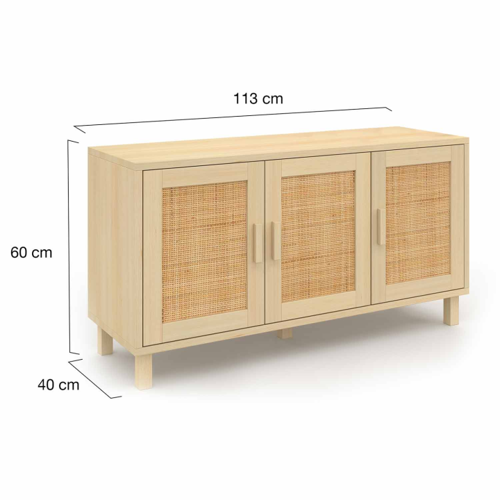 Buffet bas vintage 113 cm ELIN 3 portes effet naturel cannage