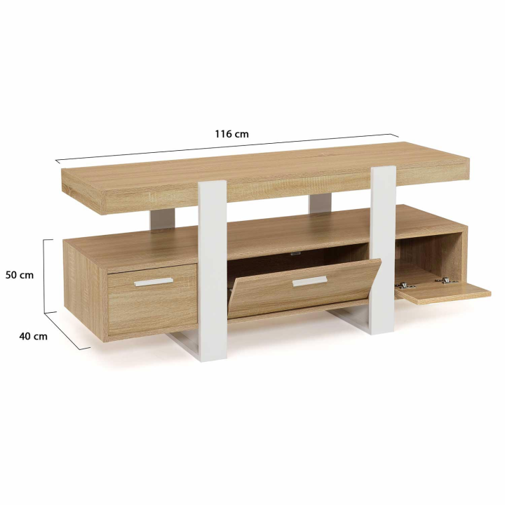 Meuble TV 116 cm PHOENIX avec tiroirs bois et blanc