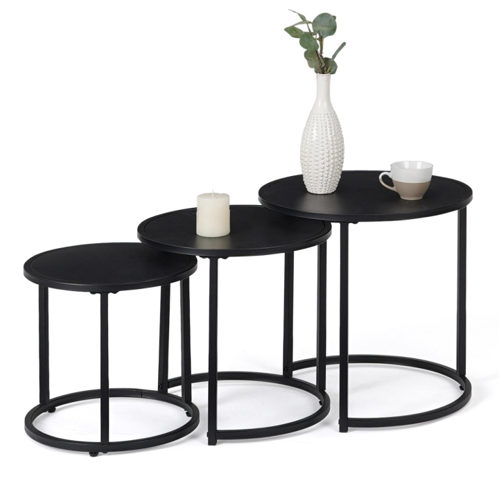 Lot de 3 tables basses gigognes DAVIS rondes 35/40/45 en métal noir mat design industriel