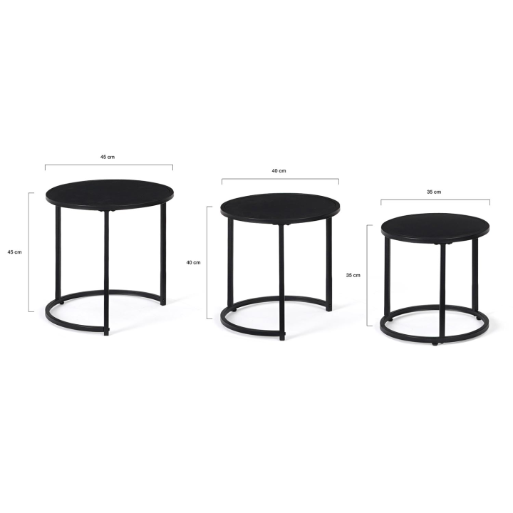 Lot de 3 tables basses gigognes DAVIS rondes 35/40/45 en métal noir mat design industriel