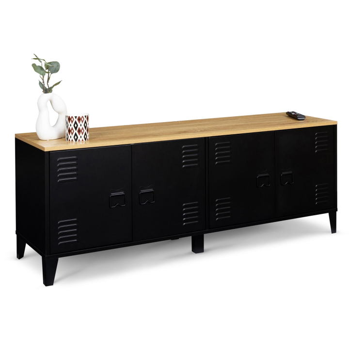 Buffet bas 140 cm ESTER 4 portes métal noir et plateau bois design industriel