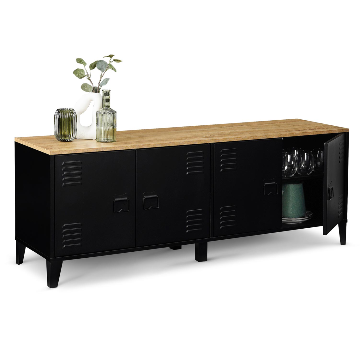 Buffet bas 140 cm ESTER 4 portes métal noir et plateau bois design industriel