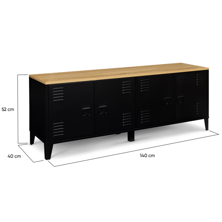 Buffet bas 140 cm ESTER 4 portes métal noir et plateau bois design industriel