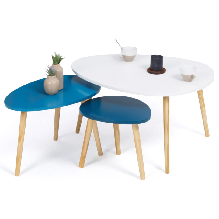 Lot de 3 tables basses gigognes GAIA laquées blanc/bleu