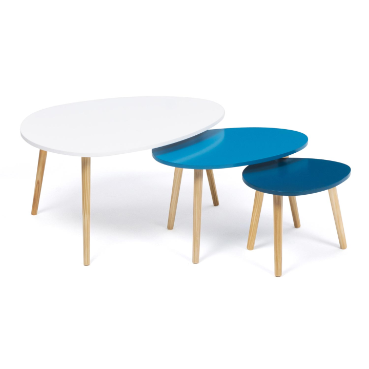 Lot de 3 tables basses gigognes GAIA laquées blanc/bleu