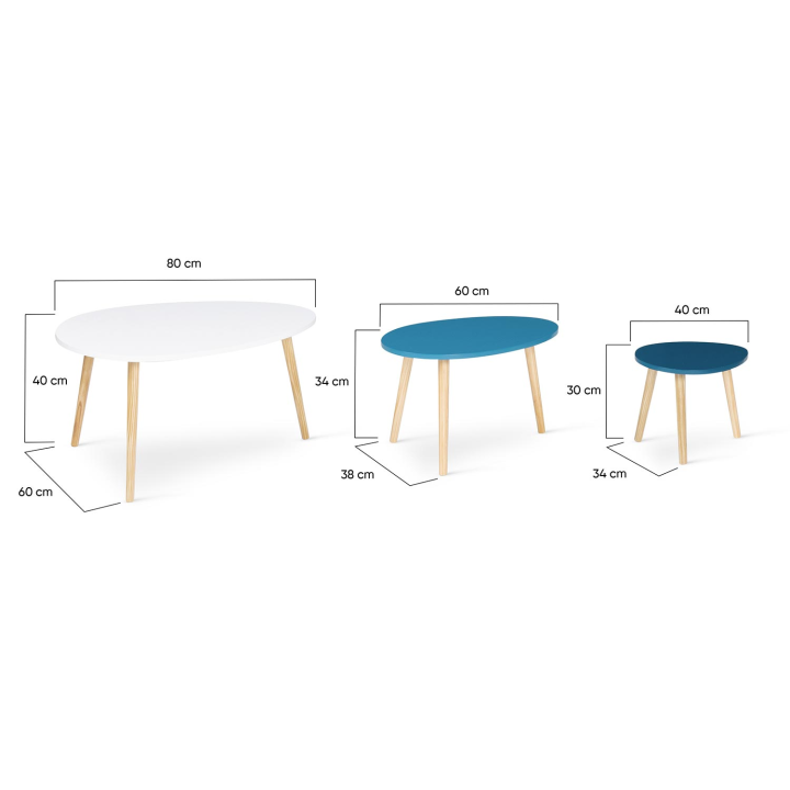 Lot de 3 tables basses gigognes GAIA laquées blanc/bleu