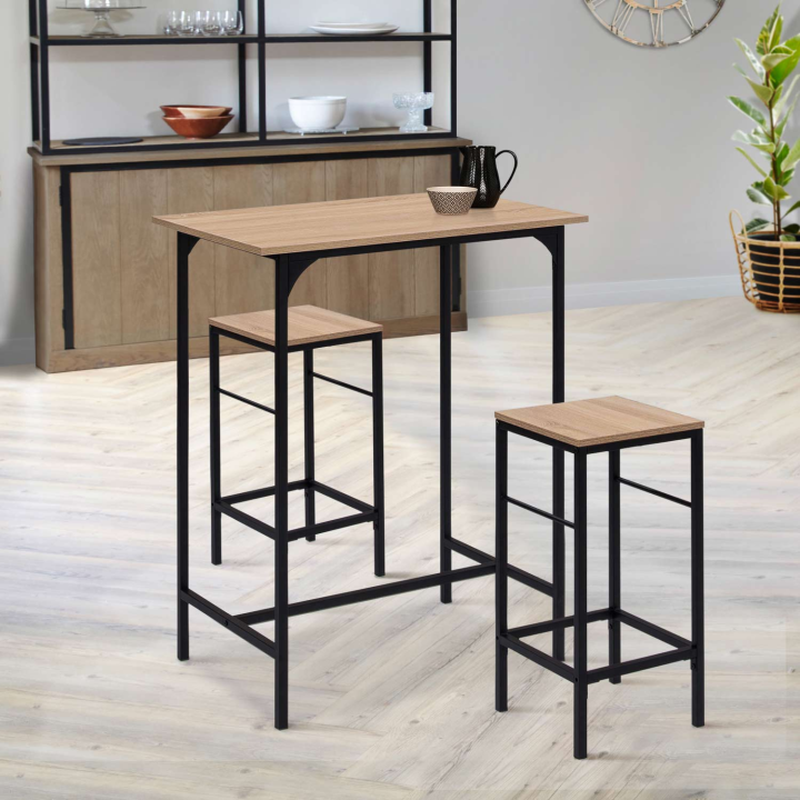 Ensemble table haute de bar DETROIT 80 cm et 2 tabourets design industriel