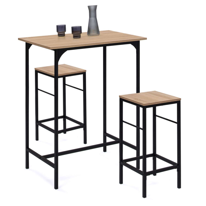 Ensemble table haute de bar DETROIT 80 cm et 2 tabourets design industriel